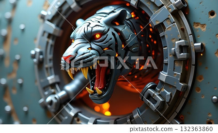 Cybernetic Mechanical Tiger Breaking Steel Barrier With Neon Sparks 132363860