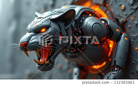 Futuristic Robotic Tiger Crashing Through Shiny Metallic Wall Surface 132363861