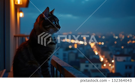 Tightrope Cat Walking On Balcony Edge Overlooking Nighttime City Skyline 132364043