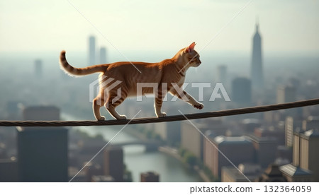 Brave Cat Walking On Balcony Edge Against Starry Skyline Panorama 132364059