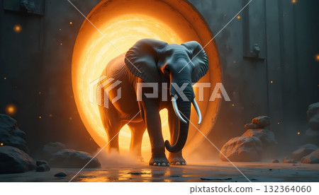 Fantasy Elephant Appearing From Radiant Magical Dimensional Gate 132364060