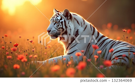 Cybernetic White Tiger Glowing In Scarlet Flowers During Sunset 132364069