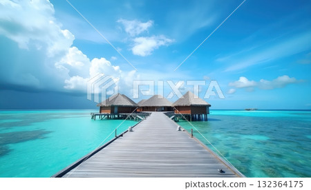 Wooden Pathway Reaching Cozy Oceanfront Huts In Tropical Paradise Wooden Pathway Reaching Cozy Oceanfront Huts In Tropical Paradise 132364175