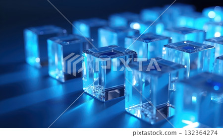 Transparent Blue Blocks Forming Elegant Futuristic 3D Pattern 132364274