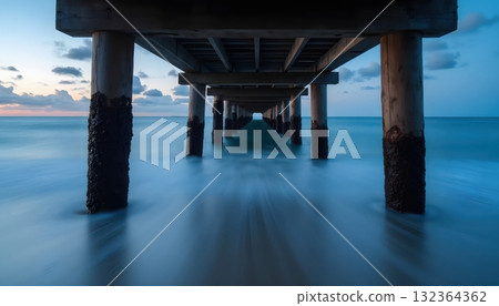 Silky Ocean Water Under Wooden Pathway In Dreamy Paradise 132364362