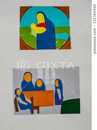 Colorful painted art showcasing figures in serene settings and daily life 132364498