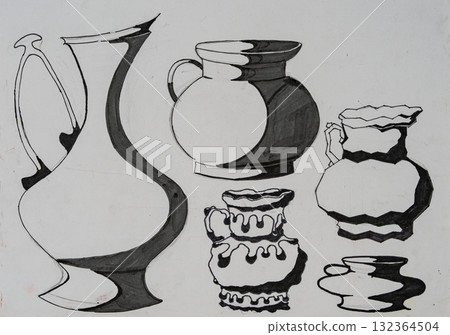 Creative black and white painting of various artistic pottery shapes Creative black and white painting of various artistic pottery shapes 132364504