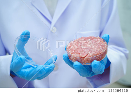Scientist holding Petri dish with meat in science laboratory for food product development. Scientist holding Petri dish with meat in science laboratory for food product development. 132364516