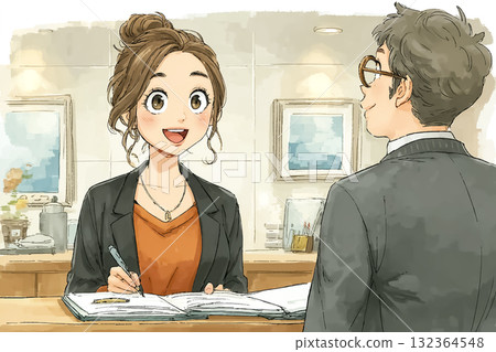 Miyu系列:一位年輕女子在飯店前台向賓客講解 Miyu系列:一位年輕女子在飯店前台向賓客講解 132364548