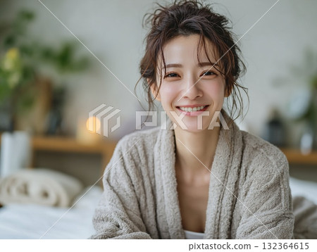 Elegant smiling woman, relaxing in a bathrobe, healing space, portrait Elegant smiling woman, relaxing in a bathrobe, healing space, portrait 132364615