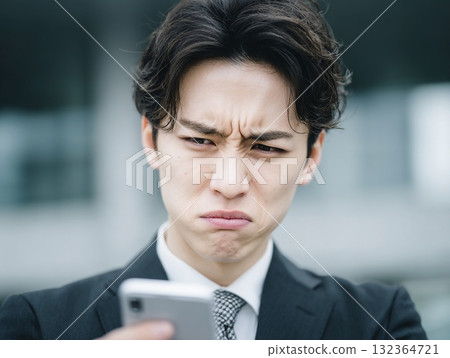 Businessman's confused expression looking at something, focusing on smartphone 132364721