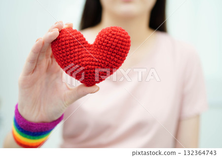 Asian woman holding LGBT heart with rainbow flag. Asian woman holding LGBT heart with rainbow flag. 132364743