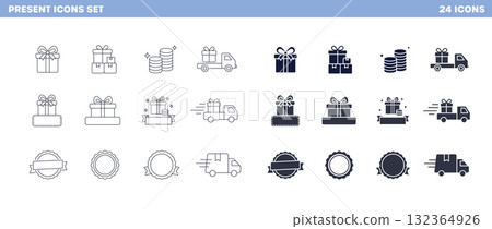 禮物、送貨和獎勵圖標集（線條和輪廓版本） 132364926