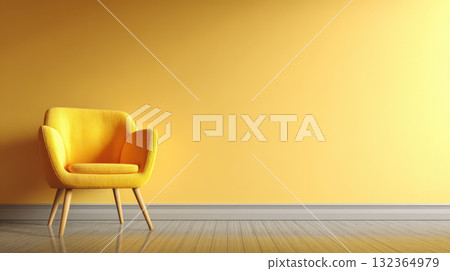 Yellow armchair, minimalist style, wooden floor, bright wall, modern home interior, cozy feeling Yellow armchair, minimalist style, wooden floor, bright wall, modern home interior, cozy feeling 132364979