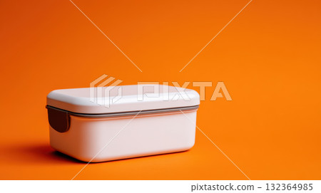 White lunch box, plastic container, reusable, eco friendly, isolated on orange background White lunch box, plastic container, reusable, eco friendly, isolated on orange background 132364985
