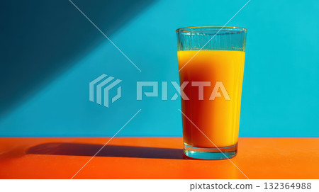 Orange juice glass, healthy drink, vibrant color, refreshing, sunlight, blue background Orange juice glass, healthy drink, vibrant color, refreshing, sunlight, blue background 132364988