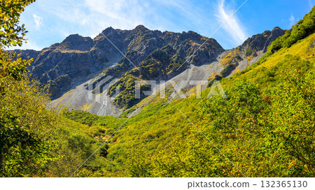 北阿爾卑斯山:通往唐澤的路上的秋天 冰斗:穗高山脈、奧穗高山和唐澤山的壯麗景色 北阿爾卑斯山:通往唐澤的路上的秋天 冰斗:穗高山脈、奧穗高山和唐澤山的壯麗景色 132365130