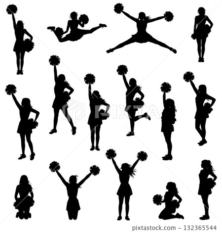 Cheerleader Silhouette Set Vector. Sports Dance Jump Pose Vector 132365544