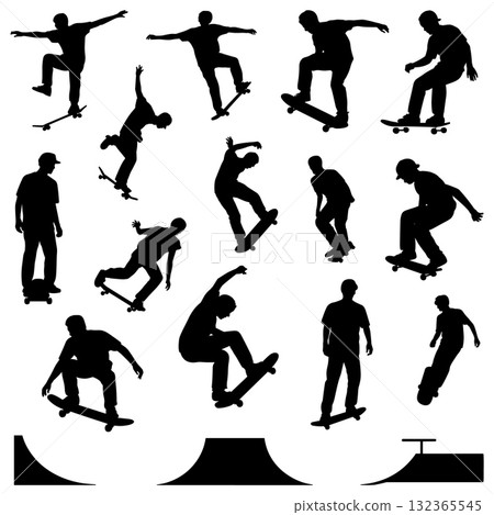 Skateboarder Silhouette Set Vector. Extreme Urban Sport Pose Vector 132365545