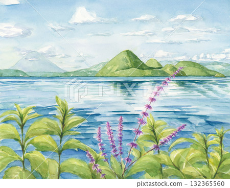 洞爺湖手繪水彩畫 洞爺湖手繪水彩畫 132365560