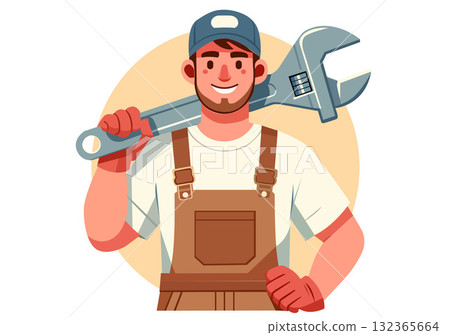 Smiling Mechanic Holding Adjustable Wrench Smiling Mechanic Holding Adjustable Wrench 132365664