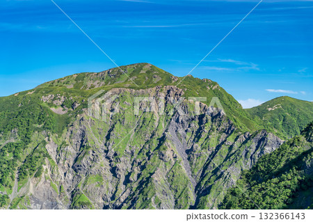 View of Mt. Usagi and the large collapse of Mt. Hijiri from the summit of Mt. Kojiri. Hijiri and Usagi in the Southern Alps. View of Mt. Usagi and the large collapse of Mt. Hijiri from the summit of Mt. Kojiri. Hijiri and Usagi in the Southern Alps. 132366143