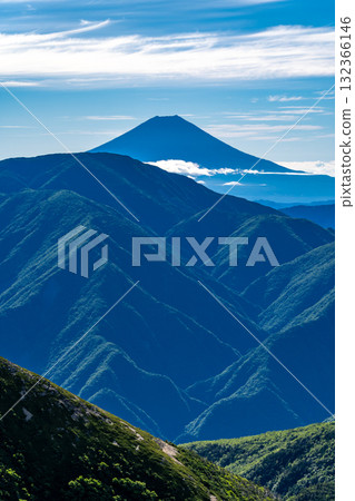 Mount Fuji seen from the summit of Mount Shojirō. Climbing Mount Hijirō and Mount Usagi in the Southern Alps. Mount Fuji seen from the summit of Mount Shojirō. Climbing Mount Hijirō and Mount Usagi in the Southern Alps. 132366146