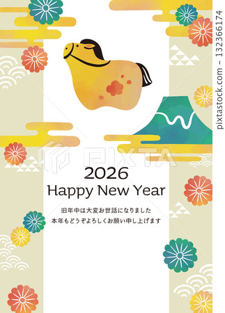 2026 馬年新年賀卡水彩畫馬、菊花和富士山 132366174