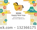 2026 Year of the Horse New Year's Card Watercolor Horse, Chrysanthemum, and Mount Fuji 132366175