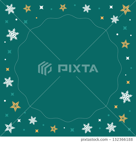 Snowflakes and glitter square Christmas card with green background and copy space in the center Snowflakes and glitter square Christmas card with green background and copy space in the center 132366188