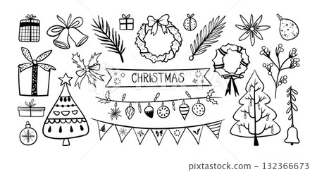 Set of isolated Christmas decoration elements in black outline and white plain for holiday seasonal on transparent background. 132366673