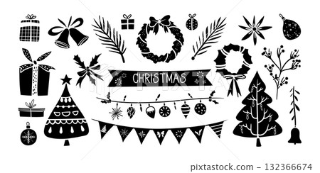 Set of isolated Christmas decoration elements in black silhouette for holiday seasonal on transparent background. 132366674