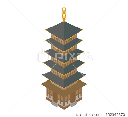 Isometric illustration of Horyuji Temple in Ikaruga, Nara Prefecture (the world's oldest wooden building and a World Heritage Site) 132366870