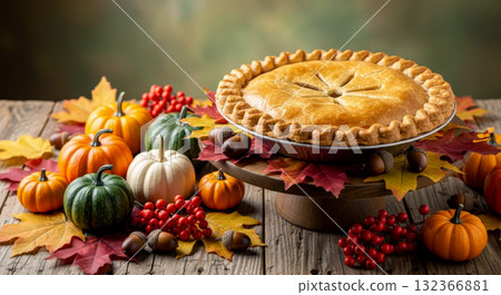 Homemade pie surrounded by mini pumpkins, autumn leaves, and berries on wooden table for Thanksgiving. Homemade pie surrounded by mini pumpkins, autumn leaves, and berries on wooden table for Thanksgiving. 132366881