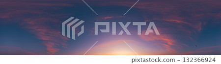 Sunset sky with bright glowing pink Cirrus clouds. Seamless spherical HDR 360 panorama. Full zenith or sky dome in 3D, sky replacement for aerial drone panoramas. Climate and weather change. Sunset sky with bright glowing pink Cirrus clouds. Seamless spherical HDR 360 panorama. Full zenith or sky dome in 3D, sky replacement for aerial drone panoramas. Climate and weather change. 132366924