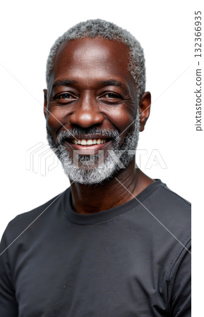 Man Senior Smiling. An older Black man with short, greying hair and a grey beard, wearing a dark grey t-shirt 132366935
