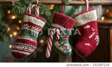 Cute, homey Christmas decorations with hand-knitted stockings Cute, homey Christmas decorations with hand-knitted stockings 132367110