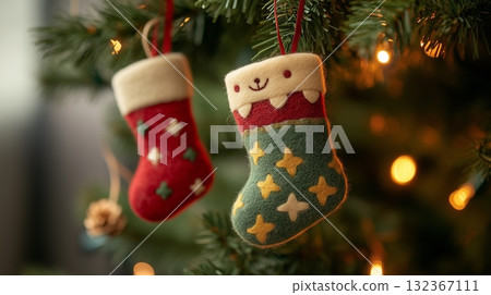 可愛溫馨的聖誕裝飾,配有手工編織的襪子 可愛溫馨的聖誕裝飾,配有手工編織的襪子 132367111