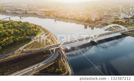Drone Cityscape of Novi Sad and Zezelj Bridge Drone Cityscape of Novi Sad and Zezelj Bridge 132367212