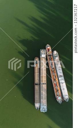 Aerial Drone Landscape of Cargo Ships on River Aerial Drone Landscape of Cargo Ships on River 132367217