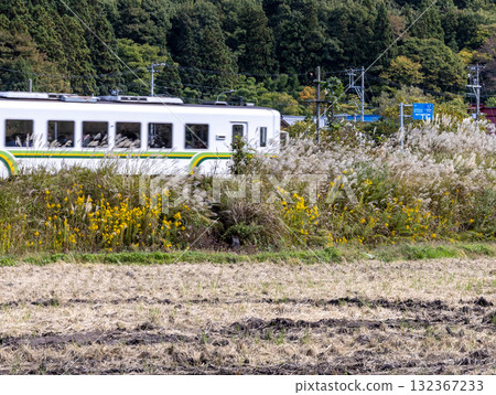 Autumn rural scenery and a passing Aizu Railway local train 132367233