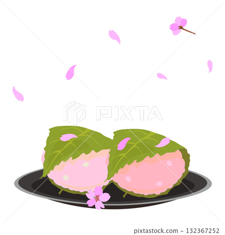 Vector illustration of sakura mochi on a black plate with cherry blossom petals falling 132367252