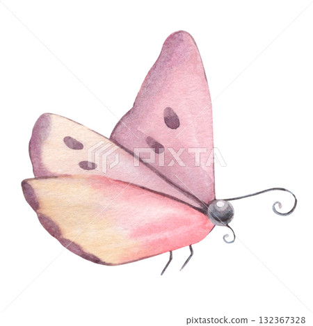 Simple butterfly with closed wings. Hand-painted watercolor illustration isolated on white background. Perfect for nature design, branding, packaging, invitations, cards, wedding, botanical projects Simple butterfly with closed wings. Hand-painted watercolor illustration isolated on white background. Perfect for nature design, branding, packaging, invitations, cards, wedding, botanical projects 132367328