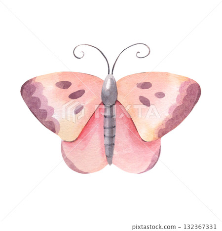 Simple pink butterfly. Hand-painted watercolor illustration of insect isolated on white background. Perfect for nature design, branding, packaging, invitations, cards, wedding, botanical projects 132367331