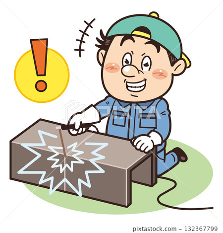 Illustration of a factory worker performing dangerous arc welding work without wearing protective equipment | Unsafe behavior, unsafe conditions, risk 132367799