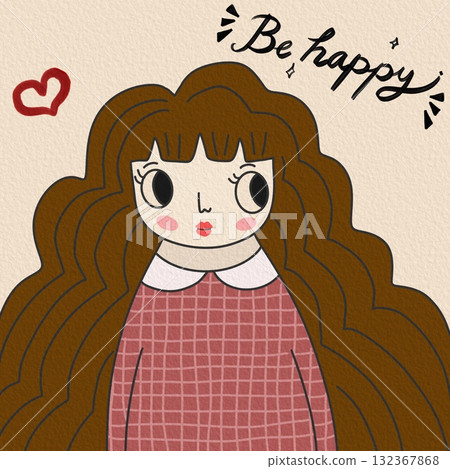 A charming Be Happy  illustration of a cute girl with long wavy hair, rosy cheeks, and a red checkered dress. This positive artwork spreads joy and encouragement, perfect for wall art. 132367868