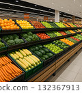 Supermarket fresh food section Shelves lined with fresh vegetables and fruits 132367913