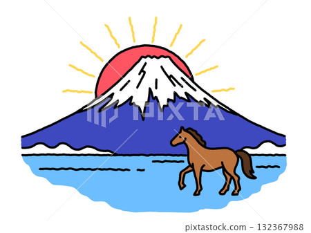 Horses, Mt. Fuji, and the first sunrise 132367988