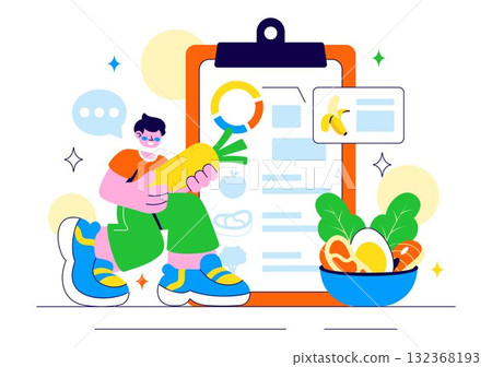 Personalized Nutrition Plan Vector Illustration Featuring Healthy Food, Diet Planning with Meal Planner, and Calorie Control in a Flat Style Background 132368193