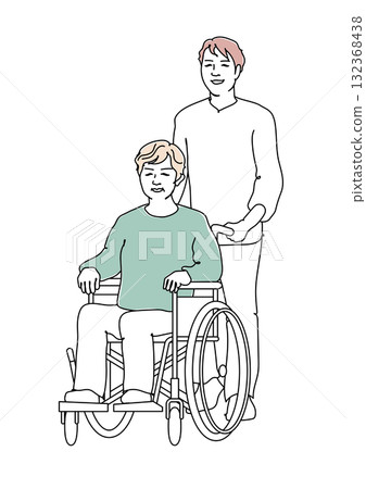 A man pushing a senior woman's wheelchair Line drawing 132368438